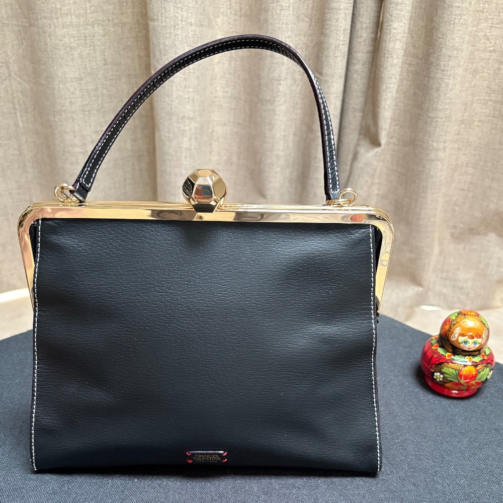 FRANCES VALENTINE BLACK DOCTOR-BAG HANDBAG (LEATHER + GOLD FRAME)